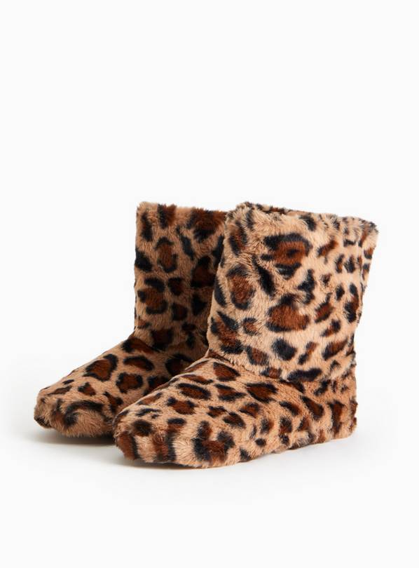 Animal Print Faux Fur Turn Cuff Slipper Booties M